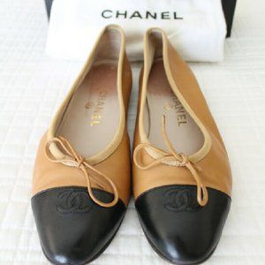 Chanel Lambskin Camel/Black Toe Ballet Flats